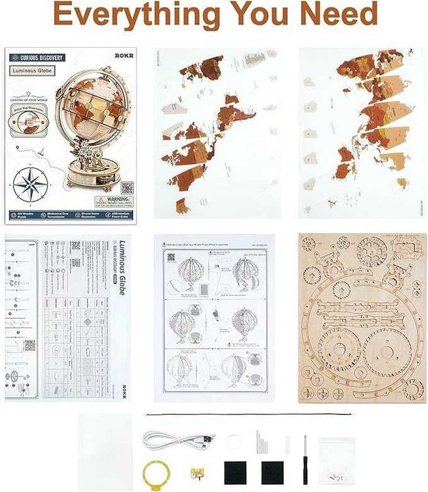 ROKR Luminous Globe 3D Yog‘och Puzzle / Chiroqli Globus