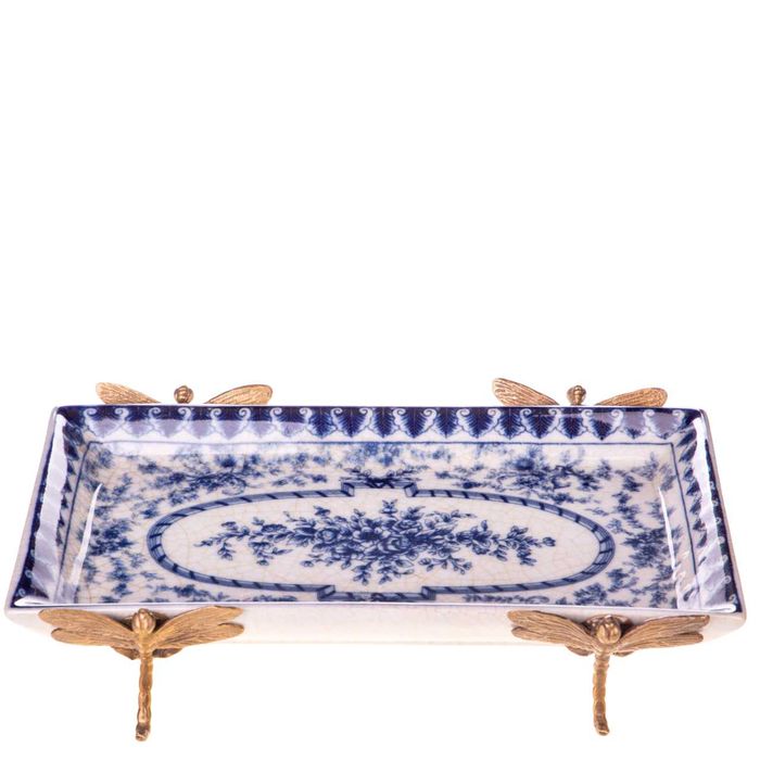 Platou din porțelan albastru cu suporturi din bronz