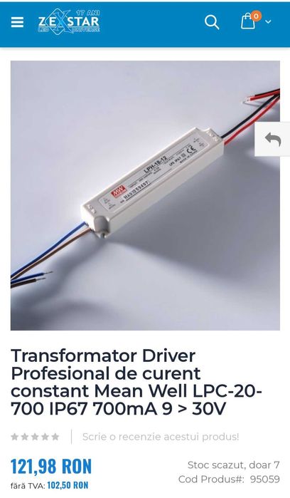 Transformator Profesional LED Mean Well LPC-20-700 IP67 700mA 9 > 30V