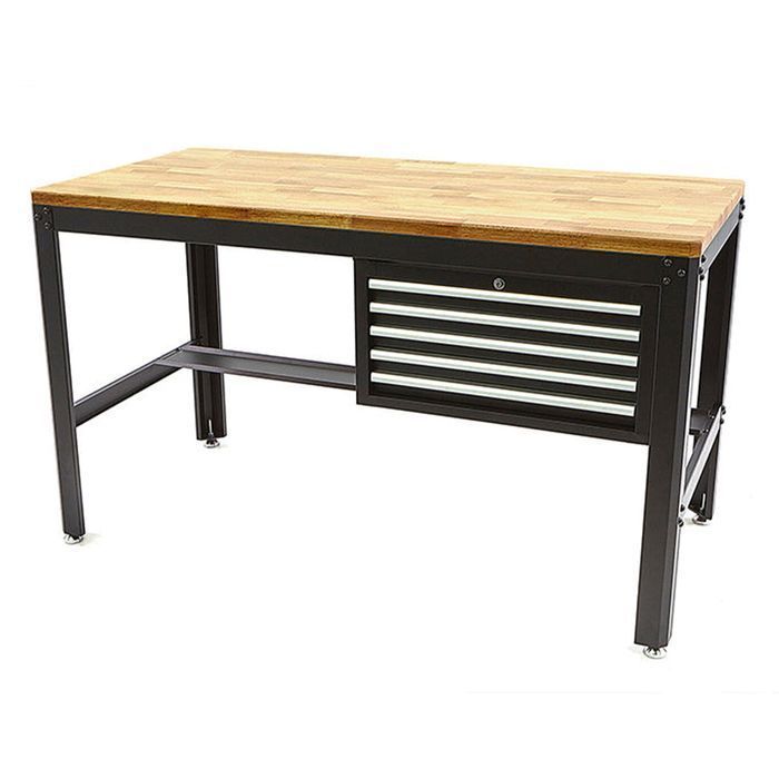 Banc de lucru metalic profesional cu 5 sertare si blat de lemn 155 cm