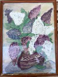 Tablou original, pictură de primăvară cu flori de liliac