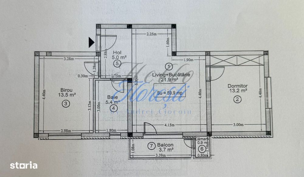 Apartament 3 camere 59.9 mp + balcon 3,7 mp in Floresti zona Cetatii