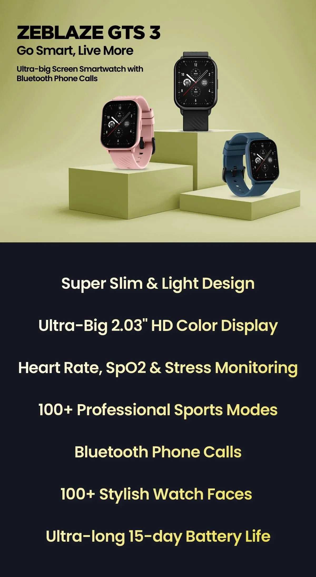Смарт часовник Zeblaze GTS 3 HD екран 2.03’’ 24H Health Monitor
