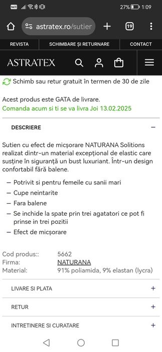 Sutien crem cu efect de miscare Naturana marimea 90 C