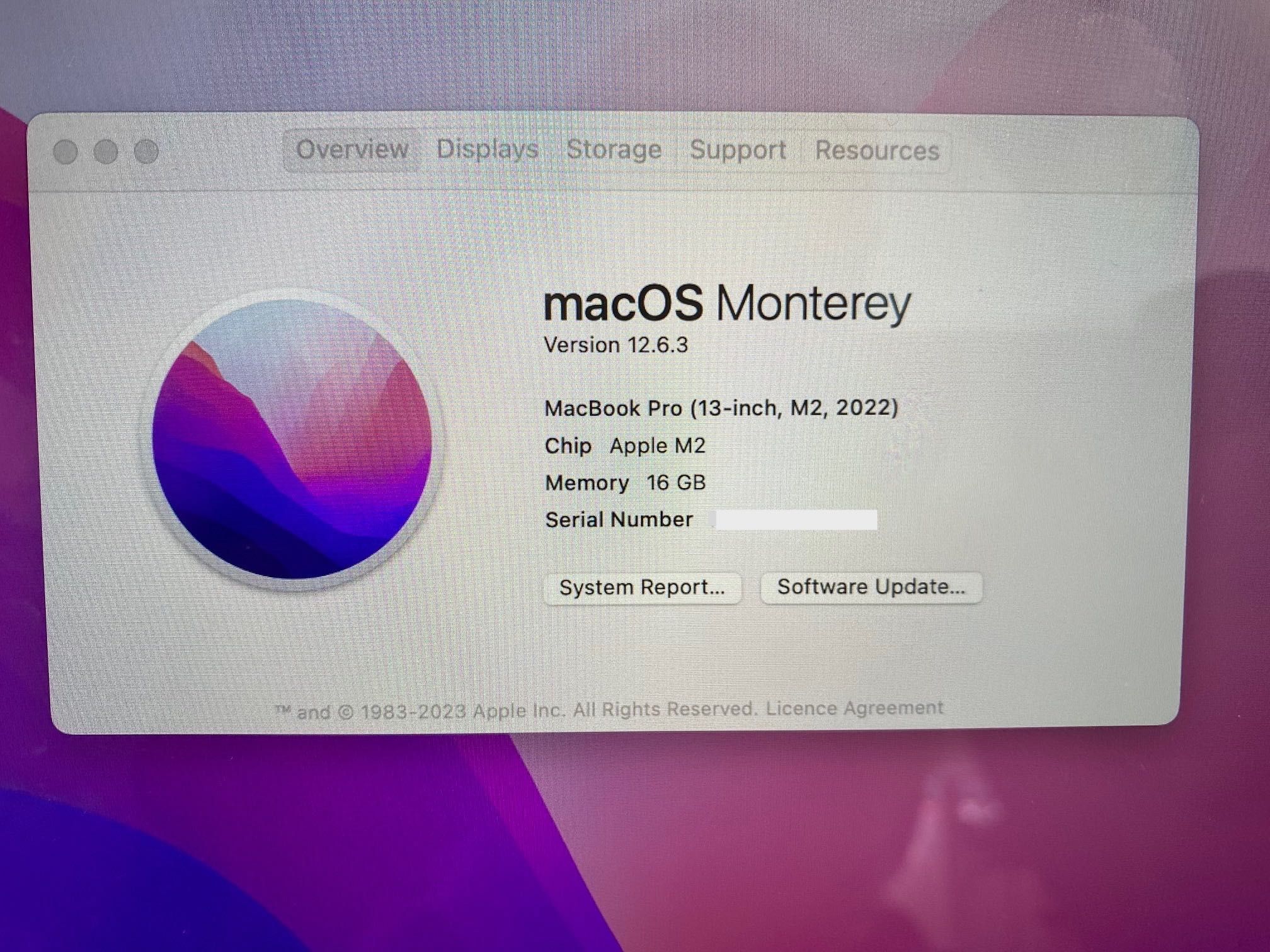 MacBook Pro 13" M2 Chip 8-Core CPU, 10-Core GPU,  16GB RAM, 512GB SSD
