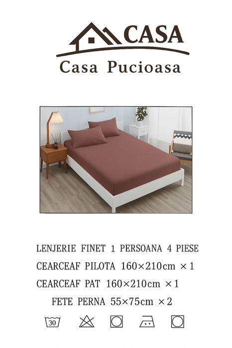 Lenjerie pat Casa Pucioasa 4 piese,bumbac finet ,pat max 140 cm