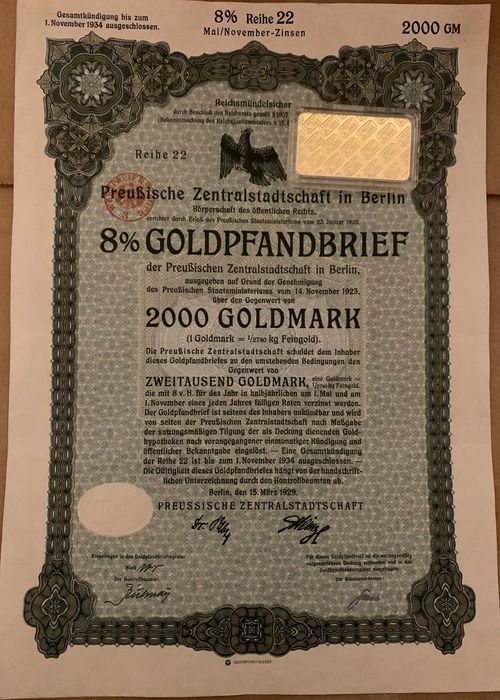 titlu stat 2000 Goldmark  1929 Germania bond marci aur  neincasat