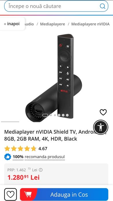 Mediaplayer nVIDIA Shield TV, Android TV, 8GB, 2GB RAM, 4K, HDR, Black