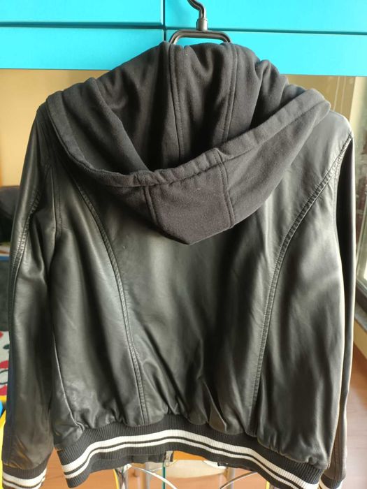 дамско яке с качулка - изкуствена кожа + плат