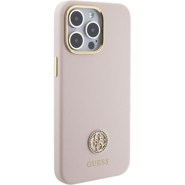 Оригинален кейс guess strass metal logo за iphone 15 pro - светло розо