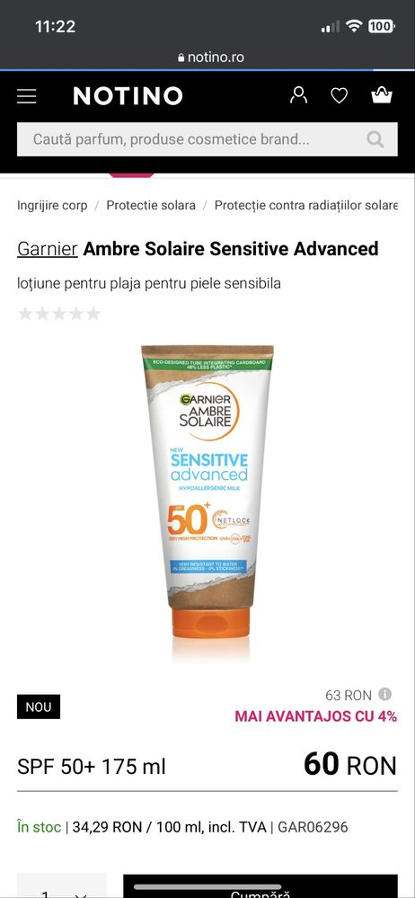 Garnier sensitive advanced spf 50 200 ml