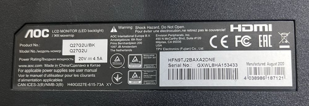 Игровой монитор AOC 27” 2к 144hz 1мс (неисправный)