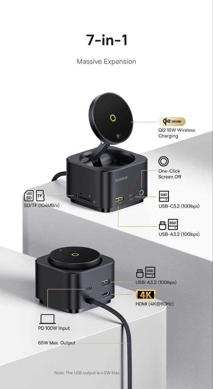 Baseus Hub 7 в 1 Usb 3.2 Hdmi 60Hz + 15w Беспроводная зарядка
