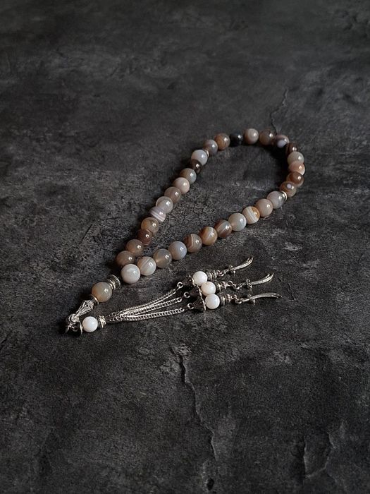 Премиальные чётки(тасбих) ручной работы из белого агата — 33 бусины