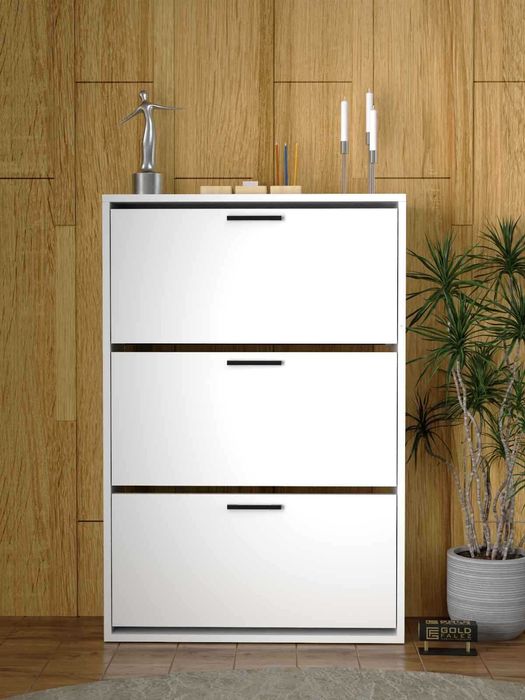 Шкаф за обувки с 3 падащи врати – бял и дървесен цвят/Шкафче за обувки