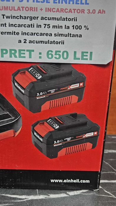 Set 3 piese EINHELL incarcator +2 acumulatorii  3.0 Ah