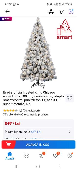 Brad artificial cu aspect nins si lumini încorporate.H 180