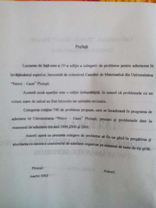 Cartea"Matematica- probleme pentru admiterea in invatamantul superior"