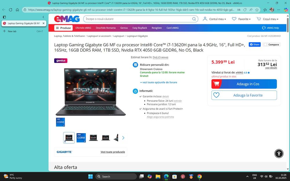Laptop Gaming Gigabyte G6 MF I7 13th 4050RTX 1TB OFERTA DOAR AZI!