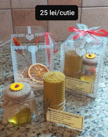 Cutie cadou borcanel cu miere naturală și lumânare din ceară albine