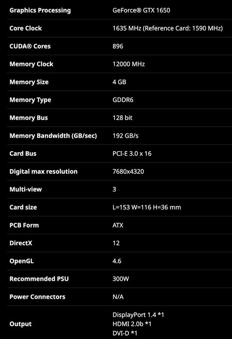 Vand  Placa video GIGABYTE GeForce D6 GTX 1650 4GB OC GDDR6 128bit