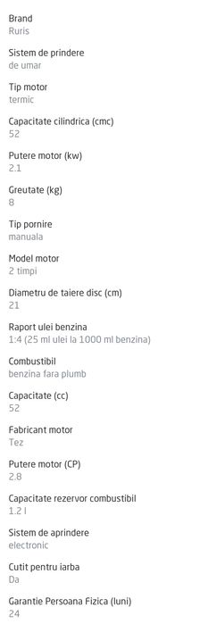 Motocoasa pe benzina, Ruris GT5400, 2 timpi, 2.1 kW, 2.8 CP