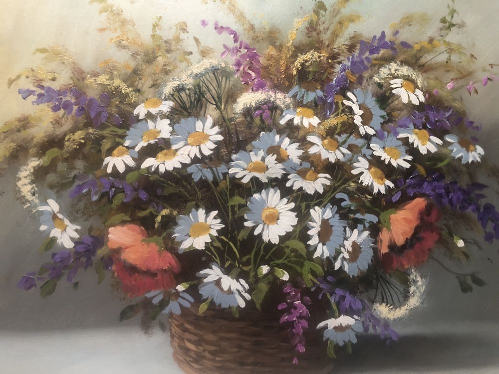 Tablou,pictura in ulei pe panza,vaza cu flori de camp,semnat