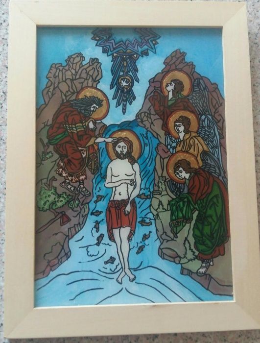 Icoana pictata manual pe sticlă A4-Botezul Domnului