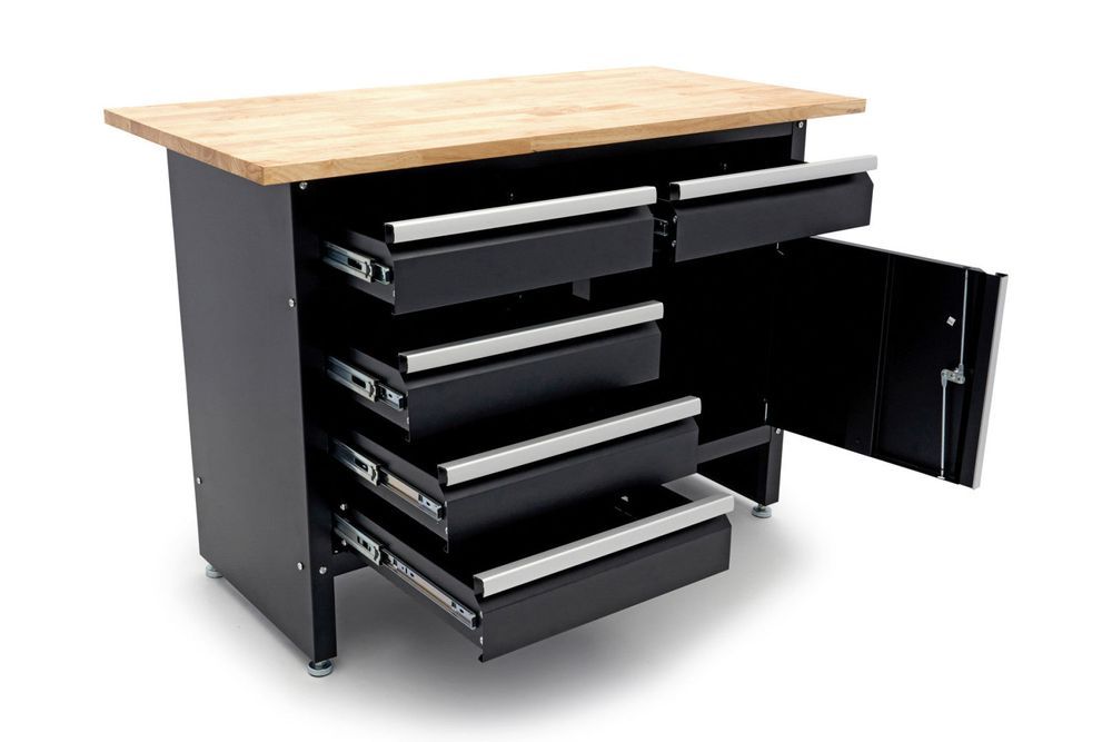 Banc de lucru metalic 120 cm cu 5 sertare 1 usa si blat din lemn masiv