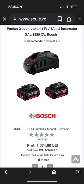 Vand Pachet 2 acumulatori 18V / 5Ah si incarcator GAL 1880 CV, Bosch