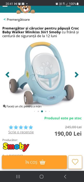 Premergător și cărucior pentru păpușă Croc Baby Walker Minikiss 3 in 1