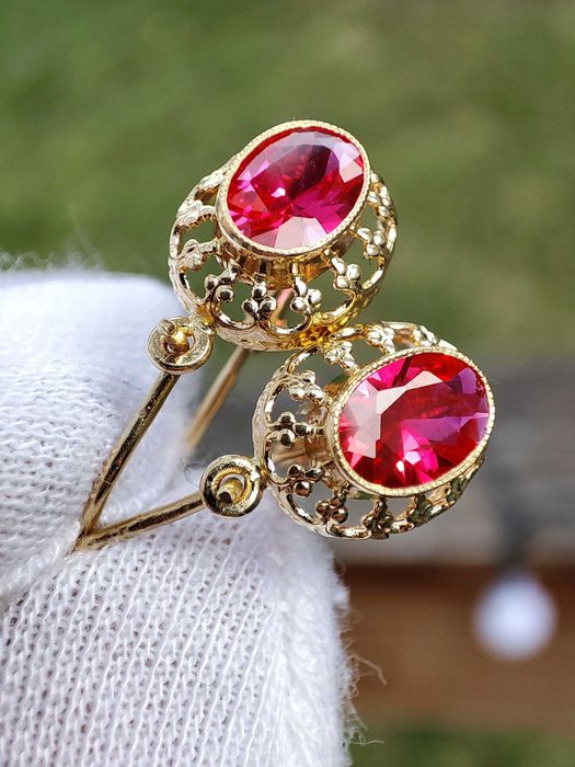 Cercei Aur 14K Cu Rubelit Ungaria Fleur De Lis +
