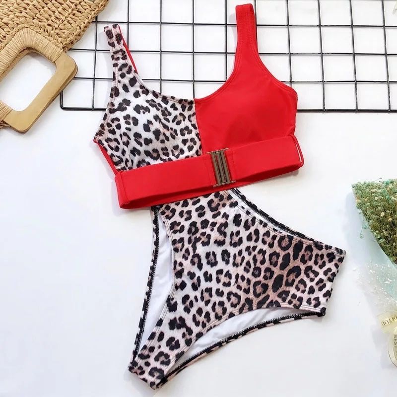 Costum baie C14 Animal Print rosu Talie Inalta High Waist Push Up