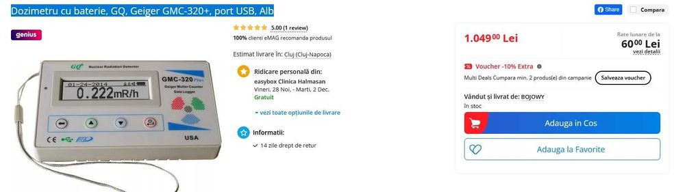 Dozimetru cu baterie, GQ, Geiger GMC-320+, port USB, Alb