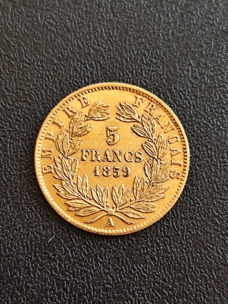 5 франка 1859 год.Наполеон III, злато 1.61 гр.900/1000 (21.6 карата)