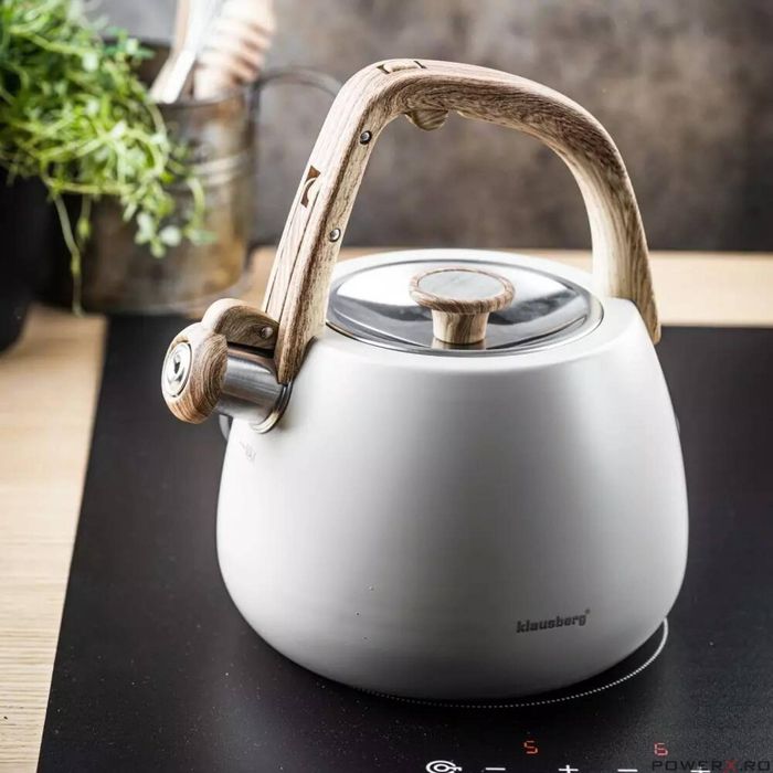 Ceainic, fierbator cu fluierat din otel inoxidabil, alb, cu maner din