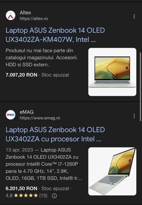 Laptop ASUS ZENBOOK 14 OLED UX3402ZA, ca nou! 110 cicluri încărcare.