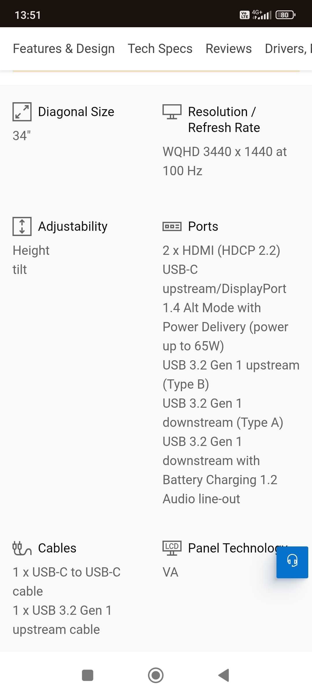 Монитор DELL 34" model S3423DWC curved.