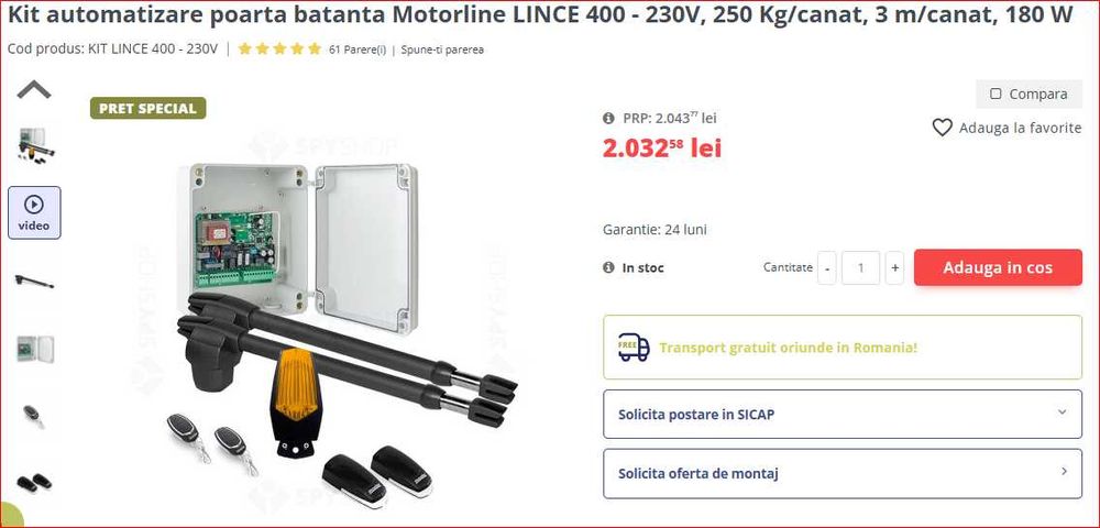 Automatizare poarta batanta Motorline LINCE 400 - 230V, cu factura
