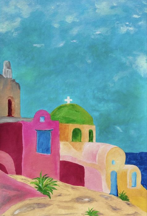 Tablou acrilic 50x70 cm Peisaj mediteranean colorat, pictat manual