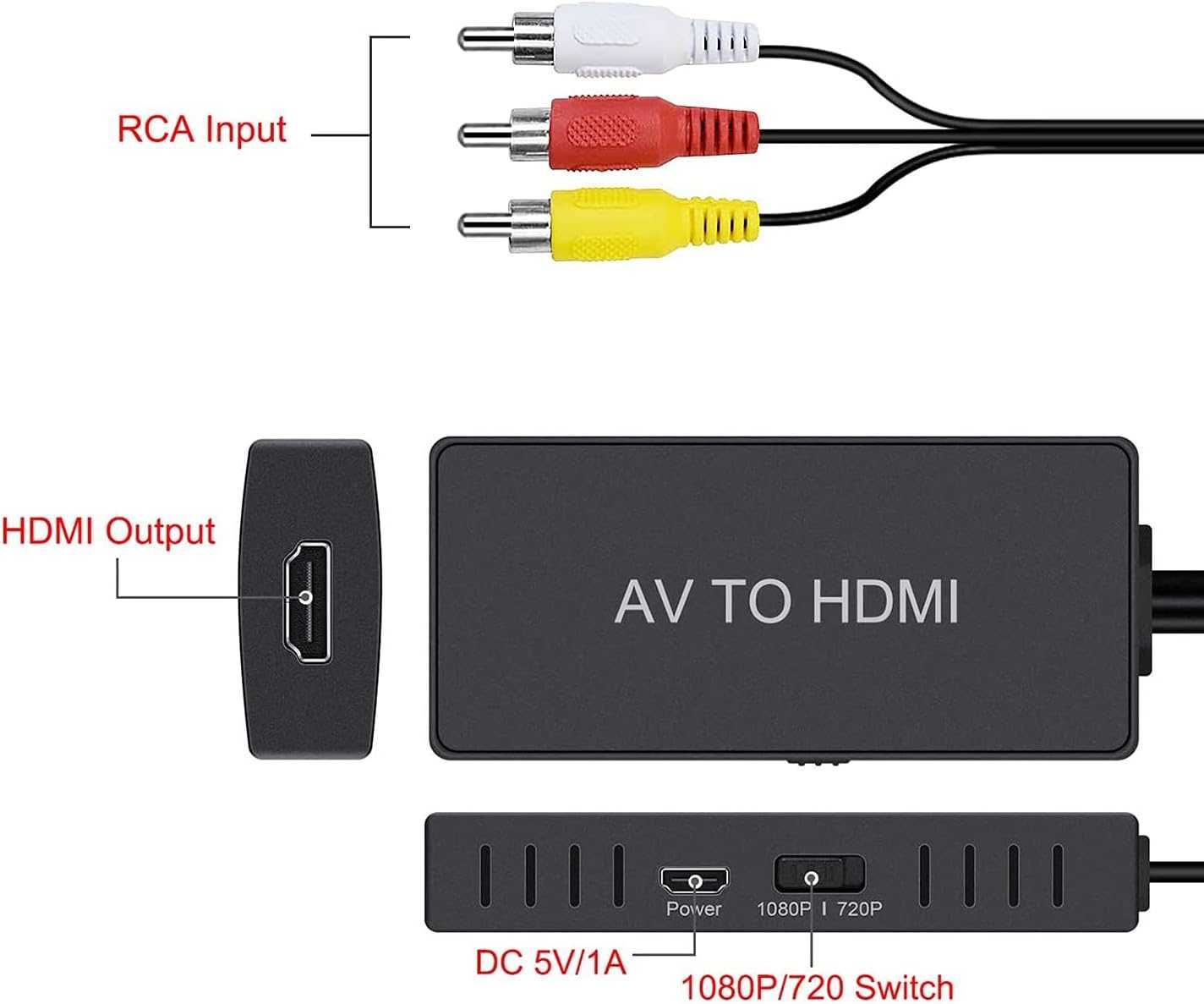 Dingsun RCA към HDMI конвертор, AV към HDMI,Поддържа HDMI 1080p / 720p