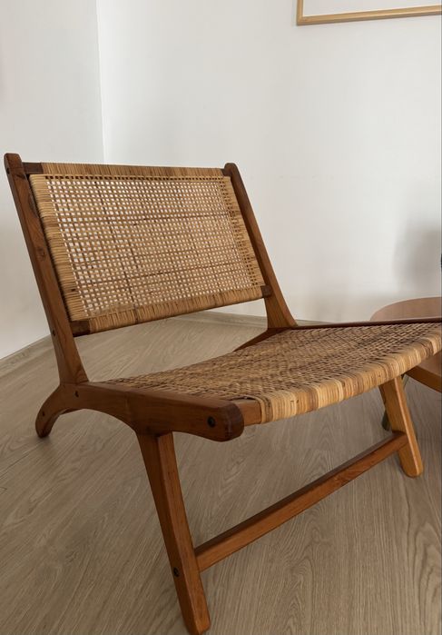 Scaun lounge din lemn masiv și ratan – stil boho / scandinav-2bucati