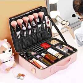 Професионален куфар с три отделения за козметика / Цвят: Розов; Размер