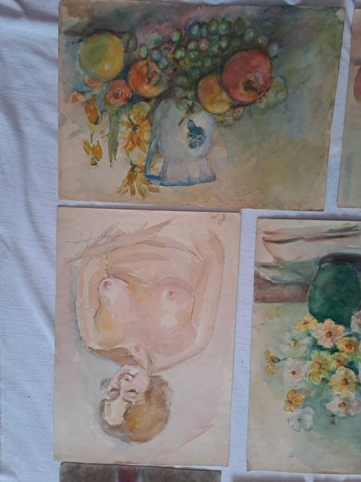 tablou vechi desen in acuarela 49/34 cm semnat