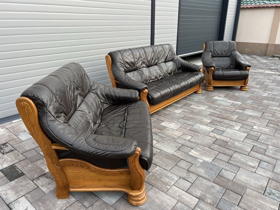 Set canapea canapele 3 - 2 - 1 Lemn Masiv + PIELE Naturala Rustic