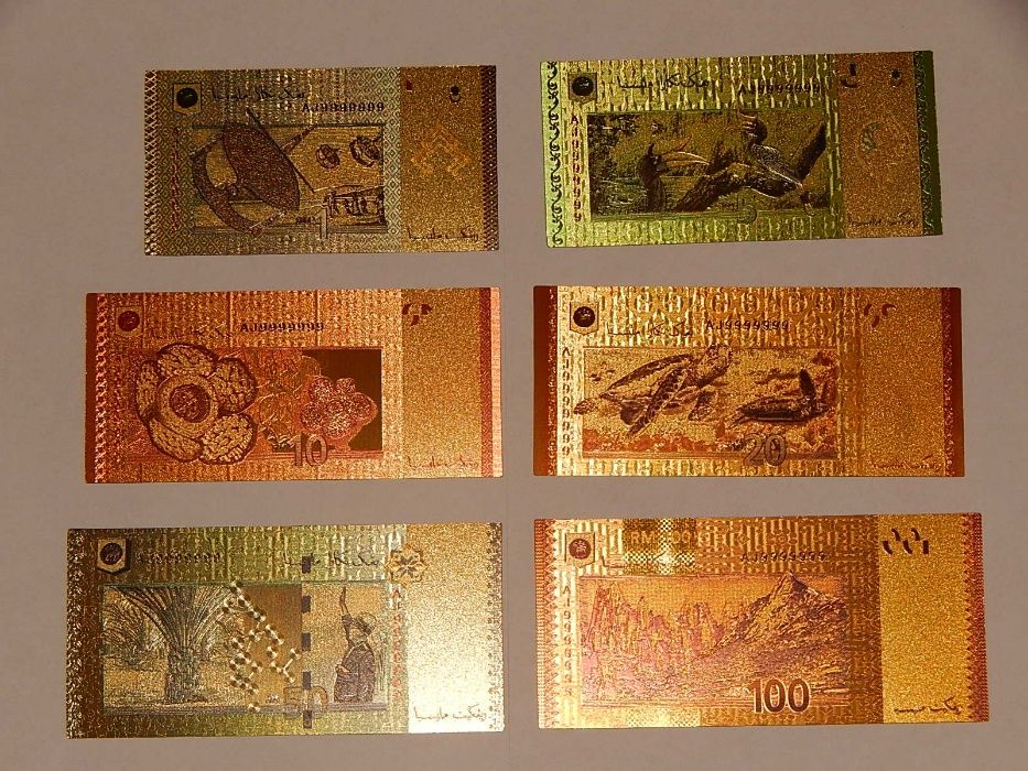 Lot 6 bancnote Malaezia din polimer placat cu aur 24k