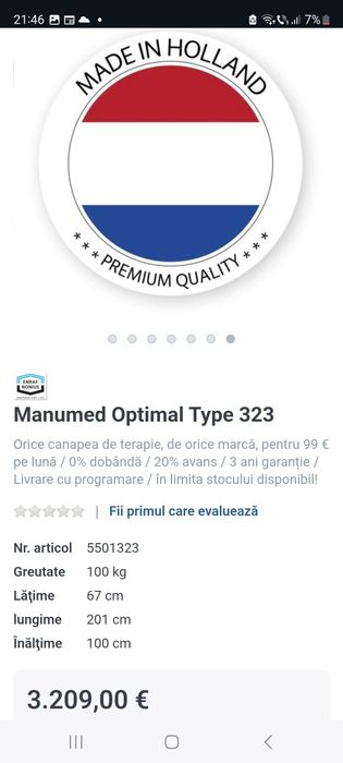 Pat/masă masaj, kinetoterapie profesional MANUMED OPTIMAL  323 elect
