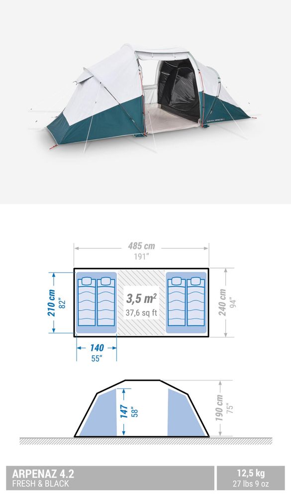 Cort cu bete camping ARPENAZ 4.2 Fresh&Black 4 Persoane, 2 camere