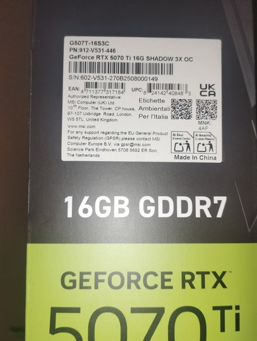 Placa video rtx 5070TI MSI shadow 3x SIGILATA