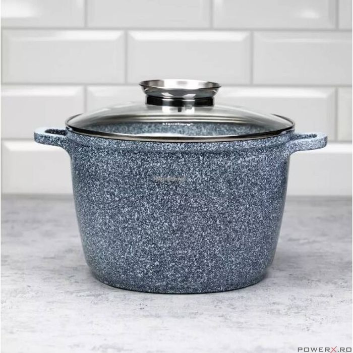 Oala cu capac, din aluminiu acoperita cu marmura, 6.2litri, 24cm, gri,